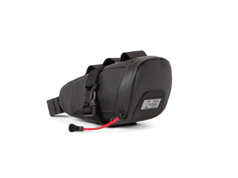 Black waterproof under saddle seat pack for bike commuting and touring, recycled ripstop bag with adjustable saddle mount, water resistant