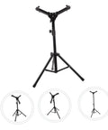 Heavy Duty Adjustable Height Tripod Snare Drum Rack Stand With Slick Black Alloy Finish, showing adjustable tripod design.