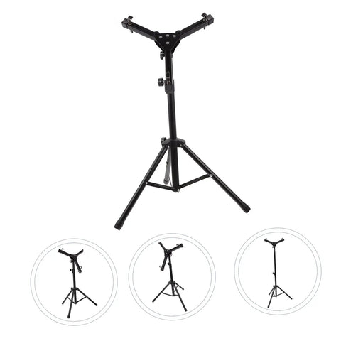 Heavy Duty Adjustable Height Tripod Snare Drum Rack Stand With Slick Black Alloy Finish, showing adjustable tripod design.
