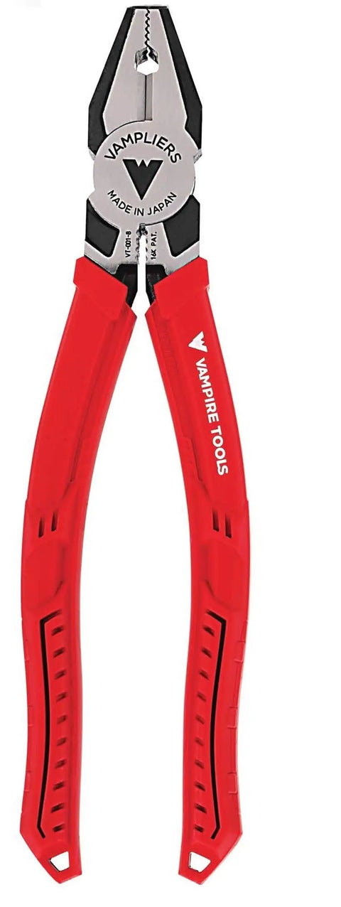 Five Piece Screw Extractor Pliers Set With Five Inch Mini Pliers Beefy Pro Grade Six And A Quarter Inch Multipurpose Seven Inch Slip Joint Eight Inch Linesman Pliers And Electrician Scissors Free Tool Pouch ESD Safe For Auto Shop And DIY showing red-handled pliers with v-jaw