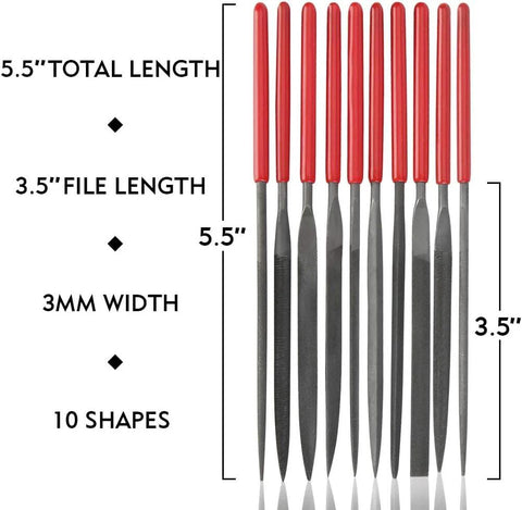 10-piece deburring needle file set with red-handled metal blades, assorted shapes for metal, resin and plastic work