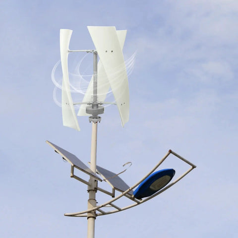 500W Vertical Wind Generator for Off Grid Power, 24V Output Wind Turbine with spiral blades and controller on pole.