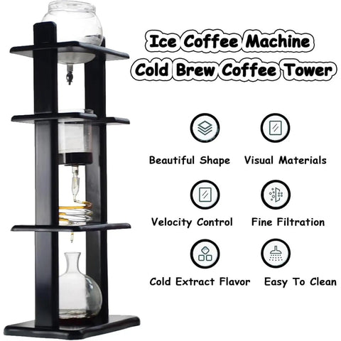 Kickstart Your Morning Routine With This Hella Smooth Cold Brew Coffee Tower Featuring A Slow Drip Ice Coffee Brewer With Adjustable Flow Control And Spacious Glass Container Pouring Five To Eight Cups Of Top Tier Chilled Java For Daily Office Use, showcasing a stylish black coffee tower with glass components.
