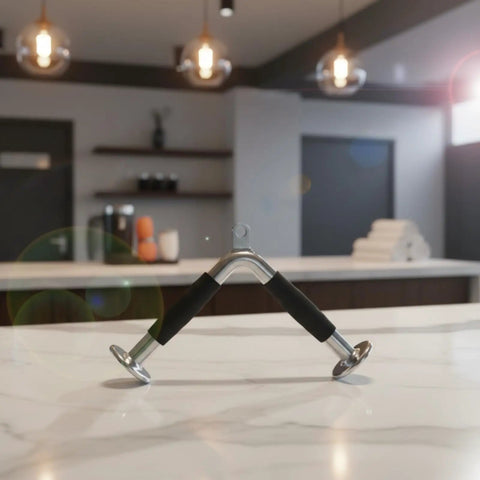 Triceps Training Bar For Cable Pulldown And Pressdown with rubber grip on kitchen counter, sturdy design for upper body strength