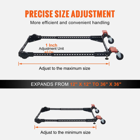 Heavy Duty Adjustable Mobile Base Stand With 500 Pound Capacity Rock Solid Steel Frame Premium Swivel Wheels, showing size adjustment from 12" to 36".