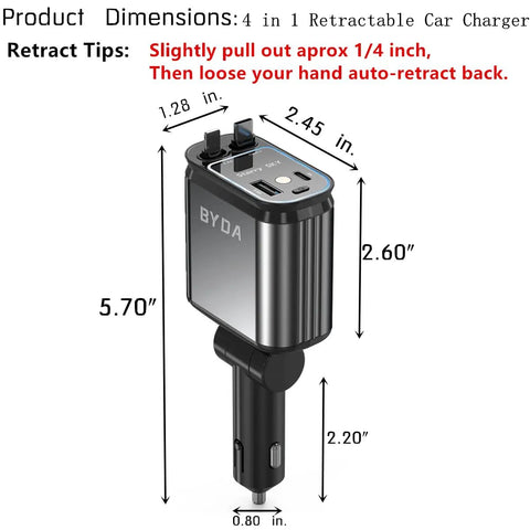 Four In One Retractable Car Charger With Starry Light 69W USB C Fast Car Charger dimensions and retract instructions diagram