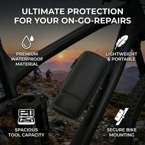 Ride Ready Waterproof Bike Tool Bag Kit With Water Bottle Holder Ultra Lightweight Multi Function Saddle Pack attached to bike