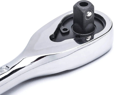 Close-up of One Quarter Inch Drive Quick Release Ratchet With Teardrop Head For Tight Spaces, showing durable steel construction and head details.