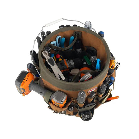 Top view of Five Gallon Bucket Canvas Tool Organizer With 56 Pockets filled with tools in brown and green poly ripstop and 600D fabric.