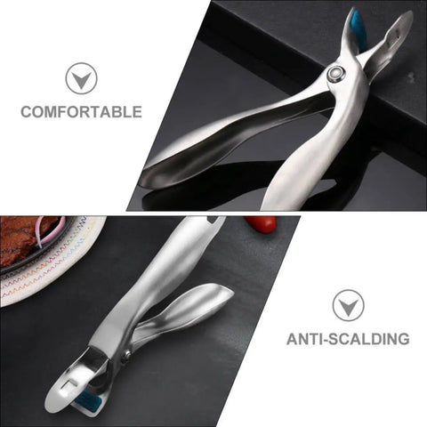 Heavy Duty Stainless Steel Plate Lifter Clamp With A Rock Solid Grip And Smart Anti Scald Bow Clip For Zero Stress Hot Casserole Handling In Your Kitchen, featuring anti-scalding design.