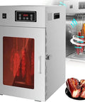 Heavy Duty Commercial Electric Food Dehydrator With Rotating Stainless Steel Rack And Precision Heat Control For Homemade Meat Jerky And Herbs, silver design, visible jerky inside.