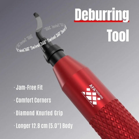 Pro Afa Deburring Tool Set With 11 M35 High Speed Steel Blades For Stainless Steel And Hard Metal, showing red CNC anodized handle and swivel blade.