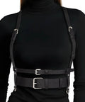 Premium Punk Leather Harness Belt For Women Adjustable Corset Waist Strap on model, black faux leather with silver buckles.