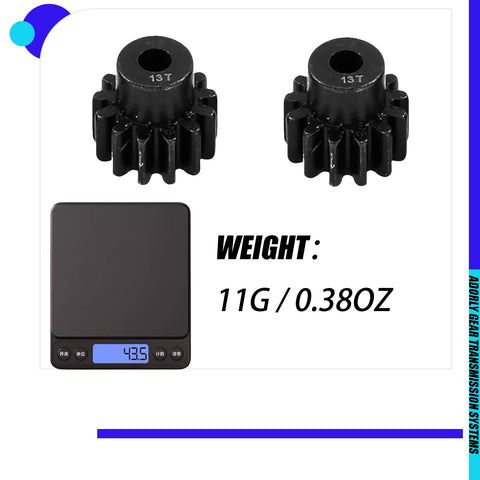 Beefed-Up 2 Pack 13-Tooth Hardened Steel Pinion Gear 32 Pitch 3mm Shaft shown on a scale weighing 11g