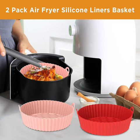 2 Pack Game Changing Reusable Silicone Air Fryer Liner For 3 To 5 Qt Easy Clean Basket in pink and red with chicken