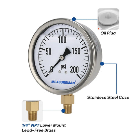 Glycerin Filled Plumbing Pressure Gauge 0 To 200 Psi With Four Inch Dial Stainless Steel Case One Quarter Inch NPT Brass Lower Mount Heavy Duty For Pneumatic Tools Water Filtration And Industrial Hydraulics