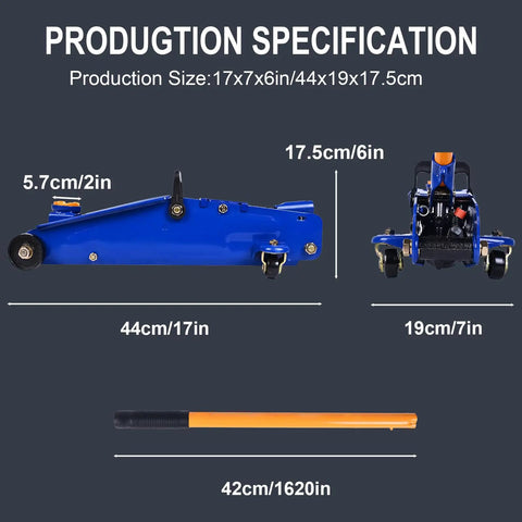 Dimensions of Low Profile 2 Ton Floor Jack Built Tough With Heavy Duty Steel Hydraulic System, Quick Lift Single Piston Pump, Blue