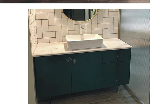Modern Brass Furniture Legs With Brushed Copper Finish 120mm supporting a bathroom vanity cabinet