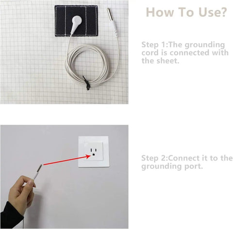 Diagram showing how to connect the grounding cord of the Grounding Flat Sheet With 10 Percent Silver Fiber For Deep Sleep to an outlet.