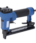 Heavy Duty Pneumatic Brad Nailer Featuring A Slick Rubber Grip And Rock Solid Aluminum Stainless Steel Build, side view with blue body.