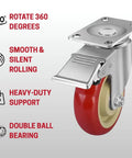 Tough As Nails Three Inch Swivel Caster Wheels With Brake Four Pack Red Polyurethane Rollers shown with 360-degree rotation feature.