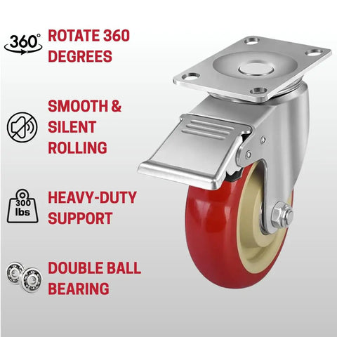 Tough As Nails Three Inch Swivel Caster Wheels With Brake Four Pack Red Polyurethane Rollers shown with 360-degree rotation feature.