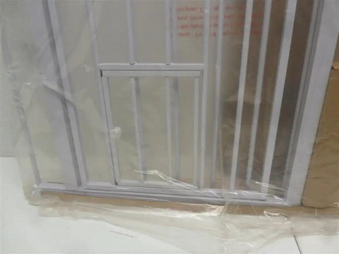 Close-up of Extra Tall Expandable Dog Gate for Doorways and Bottom of Stairs featuring a small pet door, white metal material.