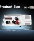 Continuously Adjustable DC Power Supply 1.5V to 15V Regulated Bench Supply, 2A Max, LED Display, product dimensions shown