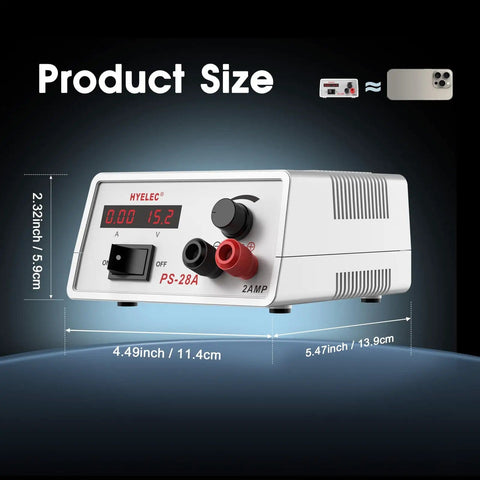 Continuously Adjustable DC Power Supply 1.5V to 15V Regulated Bench Supply, 2A Max, LED Display, product dimensions shown