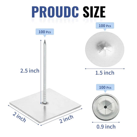 Straight Up Tough Self Stick Insulation Pins 2-1/2 Inch with galvanized finish and washers showcased with sizes.
