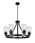 Six Light Farmhouse Wagon Wheel Chandelier Pendant Light Fixture In Matte Black with E26 Base and clear glass shades.