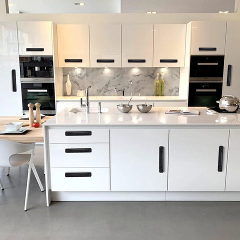 Modern kitchen with 12 Pack Matte Black Cabinet Handles Aluminum Drawer Pulls for Sliding Doors, 5 Inch Center to Center