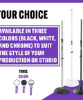 No Fuss Setup Heavy Duty Mic Stand For Live Gig Or Bedroom Studio Adjustable To Sixty Inches in black, white, and chrome colors.