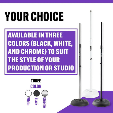No Fuss Setup Heavy Duty Mic Stand For Live Gig Or Bedroom Studio Adjustable To Sixty Inches in black, white, and chrome colors.
