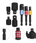 Heavy Duty Seven Piece Steel Socket Adapter Kit Featuring Rock Hard Finish and Lightning Fast Ratchet Wrench Converter, set of black vanadium adapters.