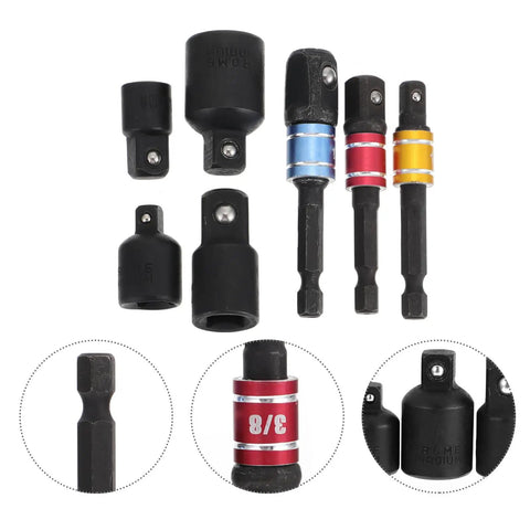Heavy Duty Seven Piece Steel Socket Adapter Kit Featuring Rock Hard Finish and Lightning Fast Ratchet Wrench Converter, set of black vanadium adapters.
