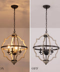 Sphere Farmhouse Orb Chandelier In Oak White And Brown Finish - Rustic 4 light fixture, on and off view, UL listed