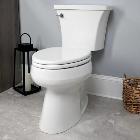 Quiet Slow Close Toilet Seat With No Slip Heavy Duty Wood, Easy Install, Round White in a bathroom setting