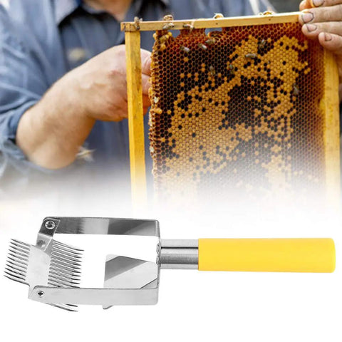 Stainless Steel Beehive Knife Scraper and Honey Uncapping Fork for Beekeeping Equipment in front of honeycomb frame.