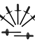 All Black Large Flange Aluminum Blind Rivets 3 16th By 1 2 Inch Open End, 110 Piece Set, displayed in a fan shape