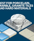Porcelain tile samples (blue, white, beige) on a marble pedestal against a dark blue background.