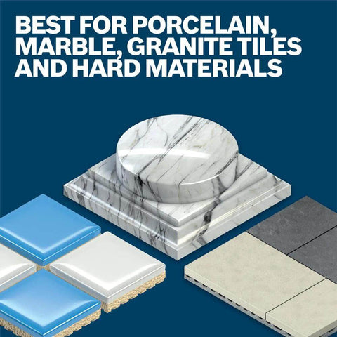 Porcelain tile samples (blue, white, beige) on a marble pedestal against a dark blue background.