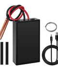 Handheld DIY Spot Welder Kit With 6 Adjustable Amps showing main device, cables, strips, and USB charger for metal and battery packs