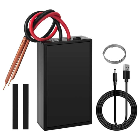 Handheld DIY Spot Welder Kit With 6 Adjustable Amps showing main device, cables, strips, and USB charger for metal and battery packs