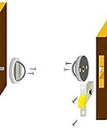 Exploded view of Black Round Privacy Door Knobs Set in 304 stainless steel with hidden door pulls and Chicago screws for easy install.