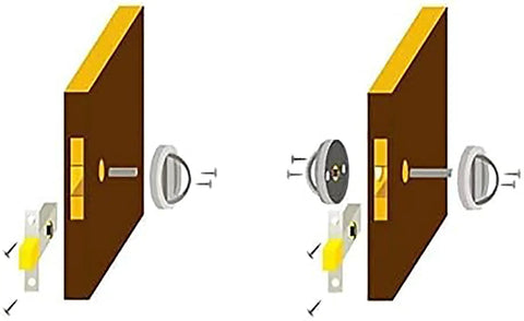 Exploded view of Black Round Privacy Door Knobs Set in 304 stainless steel with hidden door pulls and Chicago screws for easy install.