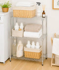 Heavy Duty Three Tier Wire Shelving Rack With Adjustable Chrome Metal Storage Shelves Featuring 750 Lb Capacity Built Like A Tank For Real Garage Workhorse Organization Needs with towels and cleaning supplies.