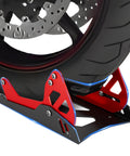 Heavy-Duty Steel Motorcycle Wheel Chock For Trailer Mount Built Tough, Anti-Rust Black And Red Finish securing motorcycle wheel