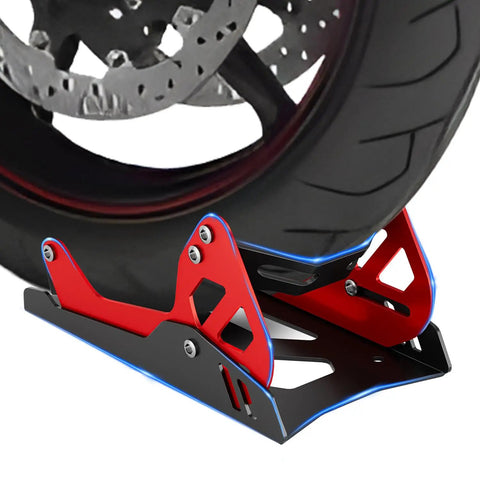 Heavy-Duty Steel Motorcycle Wheel Chock For Trailer Mount Built Tough, Anti-Rust Black And Red Finish securing motorcycle wheel