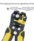 Compact ABS Cable Stripper Crimping And Cutting Tool Easy Grip Ergonomic Handle showing adjustable stripping force knob and grips.